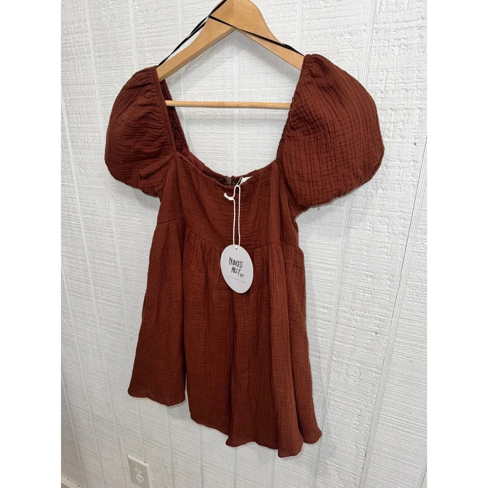 Princess Polly Lorna Romper Women Brown Puff Sleeve Cotton Gauze US 2 NEW